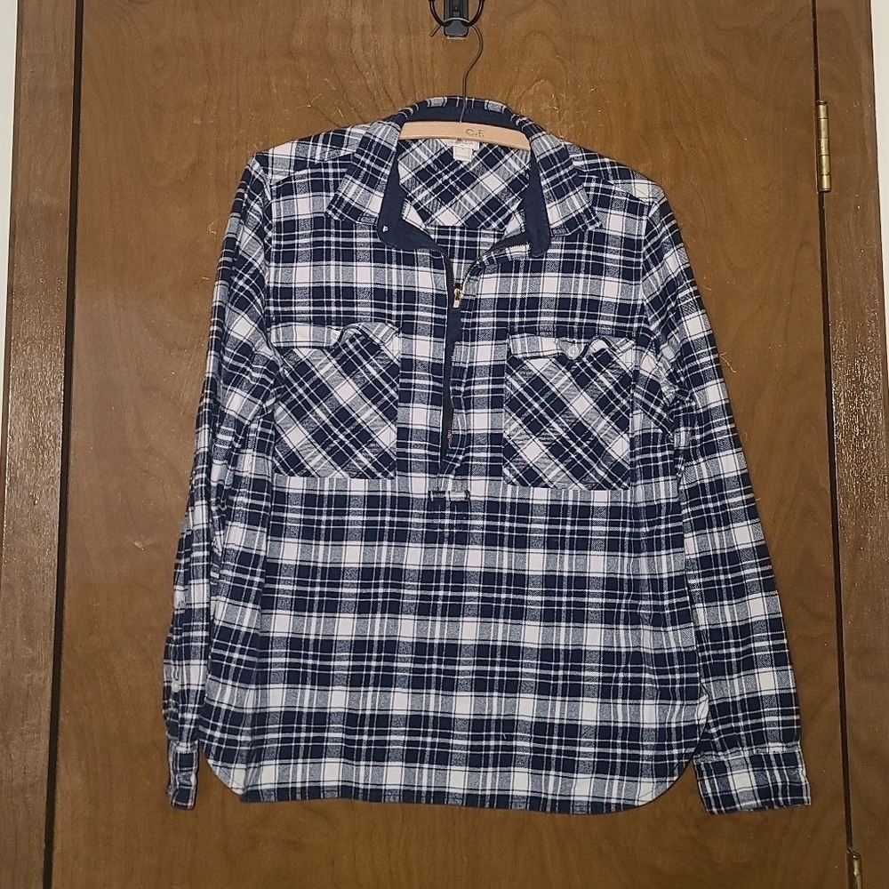 J.Crew Plaid 1/4 Zip Pullover Shirt Blue White Cotton Medium